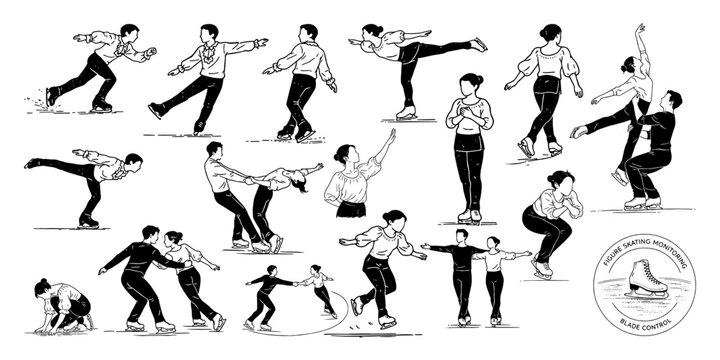 フィギュアスケートの基本動作と人物ポーズ 線画イラスト集、Figure Skating Basic Movements and Human Poses Line Illustration Set