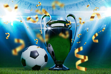 Obraz premium Silver soccer trophy and ball on green grass in a bright stadium with golden confetti. Concept of sports victory, football championship win, and professional tournament success with dramatic lights.