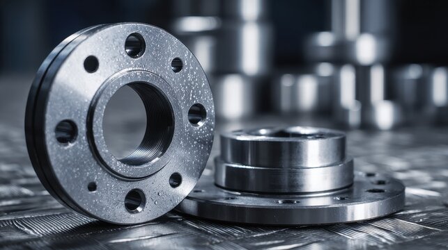 Close-up of industrial metal flanges on a dark background, machined steel parts for pipelines or machinery assembly