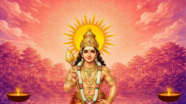 Lord Murugan Animation with Golden Sun Halo and Spiritual Background
