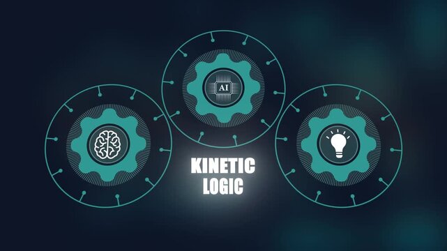 Kinetic logic in machine learning, Dynamic AI thought process with moving gears, Neural network reasoning, Advanced digital brain technology for innovation.