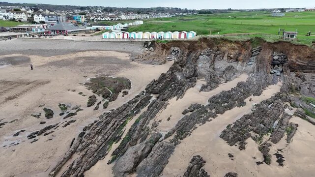 Aerial view over Crooklets Beach Cornwall