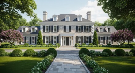 A grand symmetrical gray manor house with manicured landscaping and a paved walkway