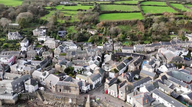 Aerial view over Mousehole Harbour Cornwall