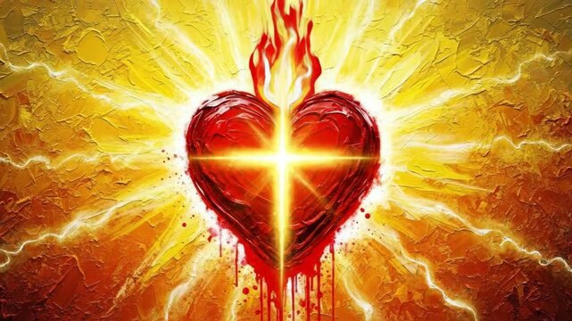 Heart symbol radiating light with cross at center. vibrant transition from a bleeding heart to a glowing heart, emphasizing spiritual significance and transformation. love for Jesus God and religion