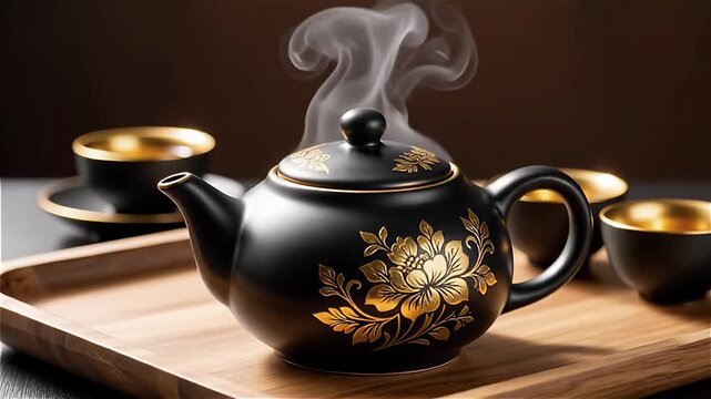 Elegant black teapot with gold floral design releasing steam on a wooden tray with matching cups in a warm ambiance