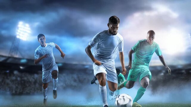 Footballer maneuvering ball with precision, evading opponents, stadium lights blazing, night match, athletic motion, competitive play.