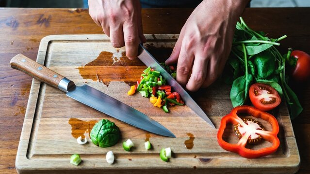 Professional chef hands chopping fresh vegetables on wooden board, culinary food preparation with sharp kitchen knife, healthy organic meal cooking