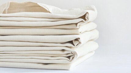 A neat stack of organic cotton tote bags is neatly folded and presented in a clean, light studio setting