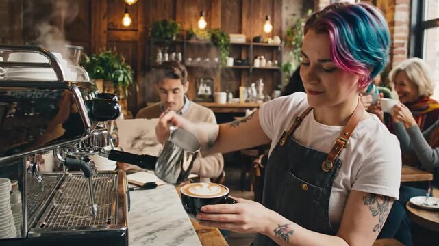Barista pours latte art in a bustling, rustic coffee shop
