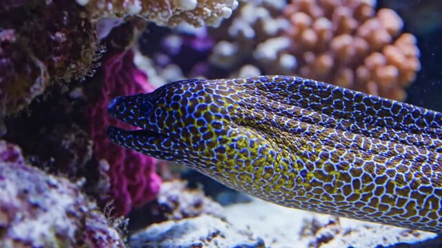 Close up of a vibrant leopard moray eel swimming near colorful coral reef in aquarium