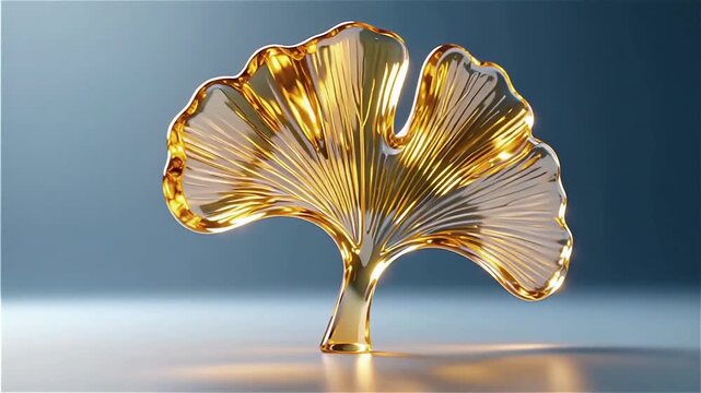 Elegant golden glass sculpture resembling a fan or leaf shape, beautifully illuminated against a gradient backdrop