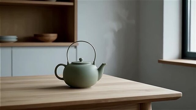 An elegant green teapot releasing steam on a wooden table near a sunlit window in a minimalist room