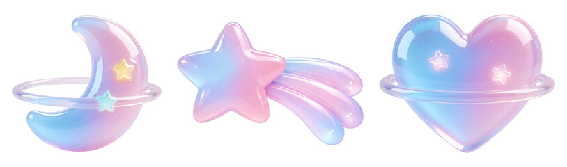 半透明ソフト3Dの月・流れ星・ハートアイコンセット｜ぷっくりリングデザイン