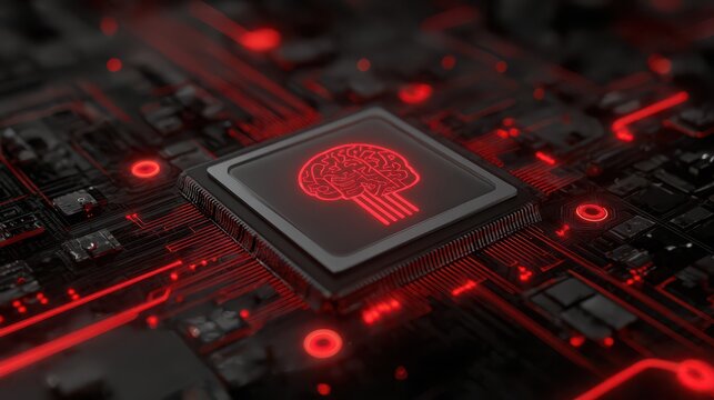 Close up view of a computer chip with a brain design, showcasing modern technology and circuit connections in red light at a high level of detail