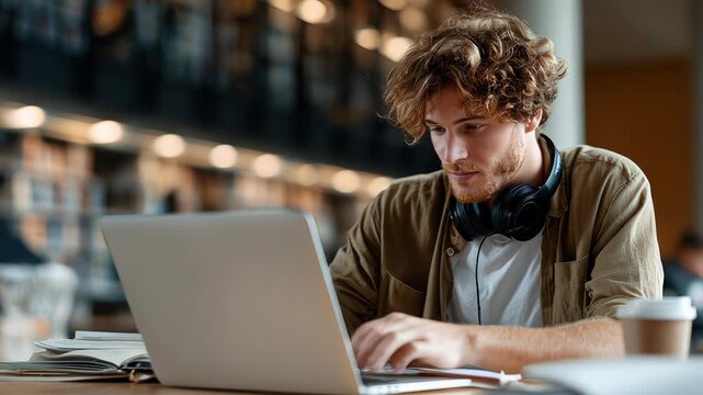 Student or professional working on laptop, focused typing, library setting, academic environment, quiet study space, digital learning.