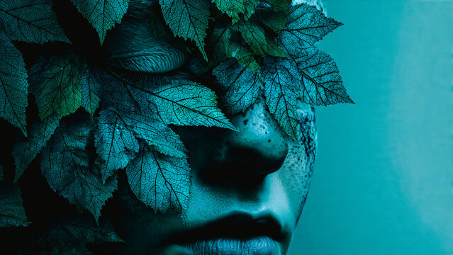 Portrait d'un homme avec des feuilles sur le visage