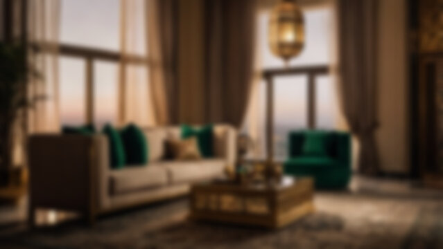 blurry image of a living room interior with a Ramadan theme, with a calm atmosphere featuring cool lights, a sofa, blurred wallpaper.