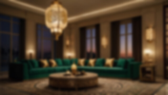 blurry image of a living room interior with a Ramadan theme, with a calm atmosphere featuring cool lights, a sofa, blurred wallpaper.