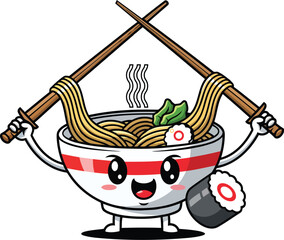Cute Ramen Bowl Mascot Cartoon Character with Chopsticks and Sushi. Japanese Food Illustration Isolated on White background