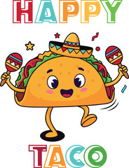 Happy Taco Mascot Cartoon Character with Sombrero and Maracas. Cute Mexican Food Illustration Isolated on White background