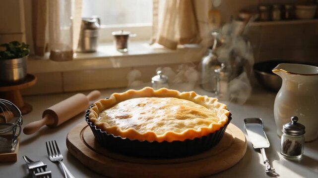 Freshly baked pie steaming on a wooden surface in a cozy kitchen setting with sunlit window and kitchenware in the background