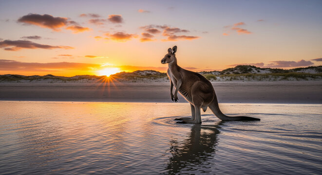 kangaroo in sunset and beach