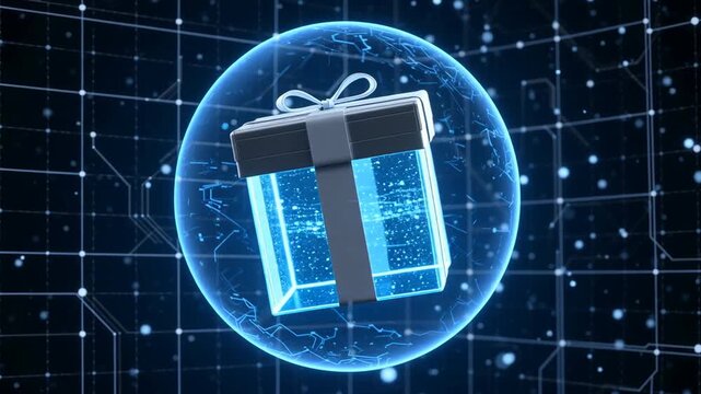 Futuristic digital gift box with a blue glow inside a holographic sphere against a dark tech background