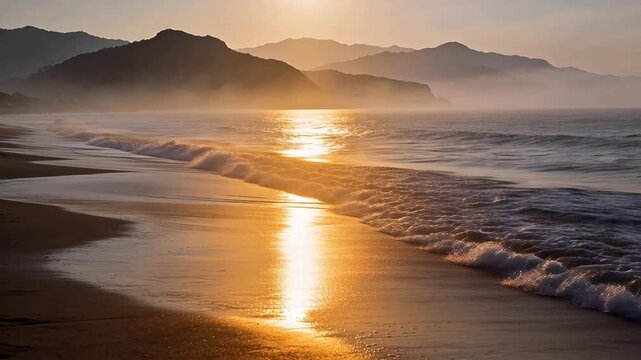 Sandy beach and calm ocean waves at golden hour sunset