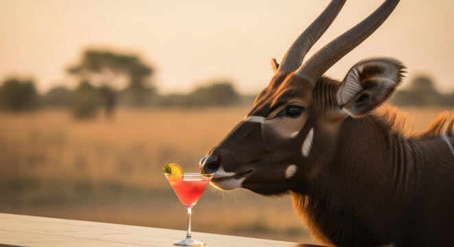 Bongo antelope observing vibrant red cocktail with lime garnish on wooden surface. This bongo antelope displays striped coat, spiral horns, calm savanna presence.