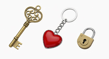 Three charm keychain with heart shaped lock and key isolated on white background