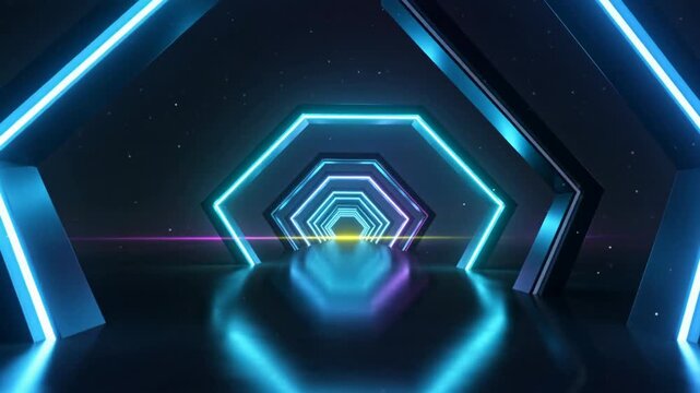 Futuristic glowing hexagonal tunnel with vibrant neon colors reflecting on a wet surface under a starry sky