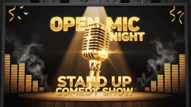 Modern Stand Up Comedy Show Poster Featuring a Shiny Silver Microphone on a Sleek Dark Black Background for Open Mic Night Entertainment Event with Elegant Typography and Cinematic Lighting