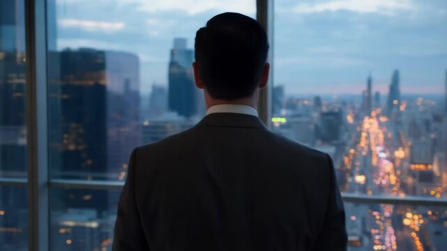 Visionary's Gaze: A silhouette of a sophisticated figure, engrossed in a metropolitan panorama through expansive glass, contemplates future, encapsulating ambition and a commanding perspective.