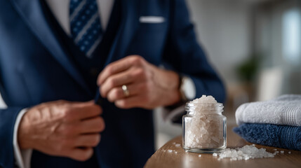 Obraz premium Grooming Ritual: A well-dressed man buttons his suit, beside a jar of bath salt, suggesting a moment of self-care and preparation. The close-up shot highlights the details of the suit, accessories.