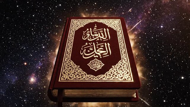 Elegant Holy Quran book illustration featuring intricate Arabic calligraphy and golden arabesque patterns, sacred Islamic scripture symbol icon and religious spirituality logo vector design.