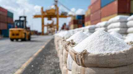 Obraz premium Industrial Salt Shipment: A picturesque scene of industrial sacks, brimming with crystalline salt, lined up at a bustling port.