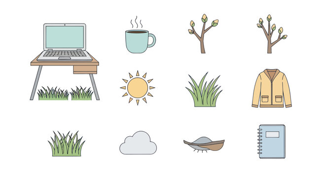 Spring Icons: Laptop, Coffee, Trees, Sun, Grass, Jacket, Cloud, Leaf, Notebook