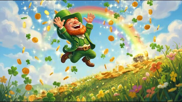 Cheerful leprechaun in green attire joyfully dances on a grassy hill, scattering gold coins and clovers under a vibrant rainbow, celebrating St. Patrick's Day festivities