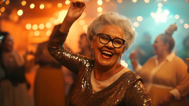 Senior woman in sequined dress dancing ecstatically, disco lights, social gathering, nightlife celebration, senior revelry, partygoer.