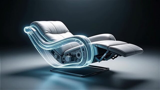 Futuristic recliner chair with glowing accents, showcasing sleek design and adjustable features in a dark studio setting