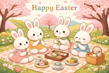 Obraz premium greeting card design of cute easter bunny with japanese hanami style