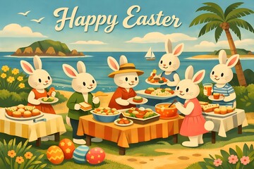 Obraz premium greeting card design of easter bunny party at shore with bauhaus style