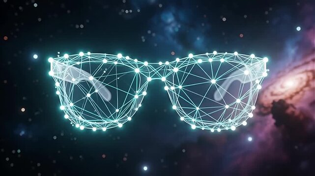 Futuristic design of sunglasses hovering in a starry cosmic background with vibrant colors and abstract patterns