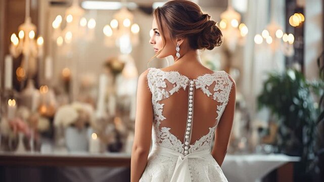 Bride in ornate white lace gown with buttoned back, turning gracefully in opulent wedding hall, elegant bridal portrait, formal wedding attire.