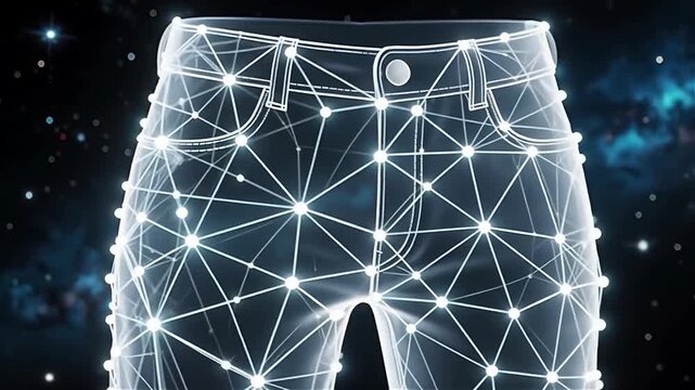 Futuristic design of translucent denim jeans with illuminated geometric patterns against a starry background