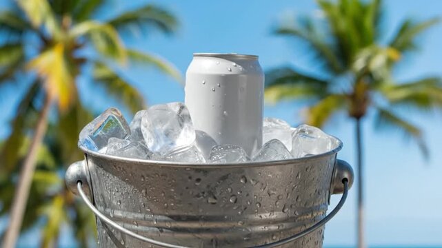 hand lowering a blank soda can into a galvanized metal ice bucket