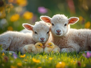 Obraz premium Playful Spring Lambs and Chicks in Pastoral Setting