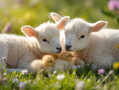 Charming spring scene with playful lambs and fluffy chicks together