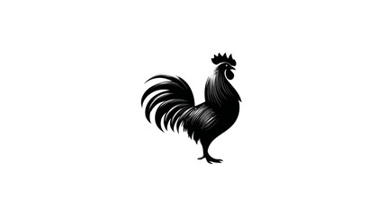 Obraz premium A monochrome illustration of a rooster with a detailed dark body and a large tail, set on white